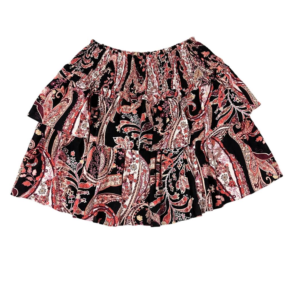 Anthropologie Size S Womens Black‎ Pull On Paisley Print Myla Tiered Mini Skirt